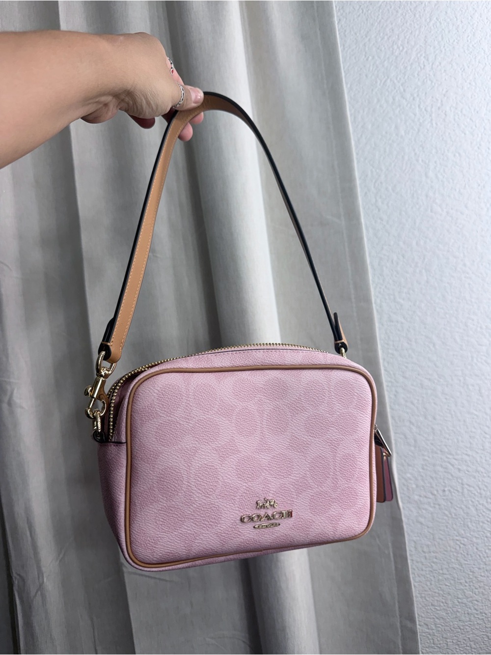 Coach Pink Signature Camera Bag with Tan Strap